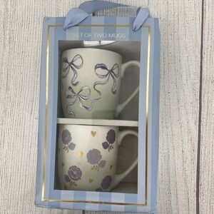 Petal and Pearl Coffee Mug Set Blue White Ceramic Cups Flowers Bows Gift Bag